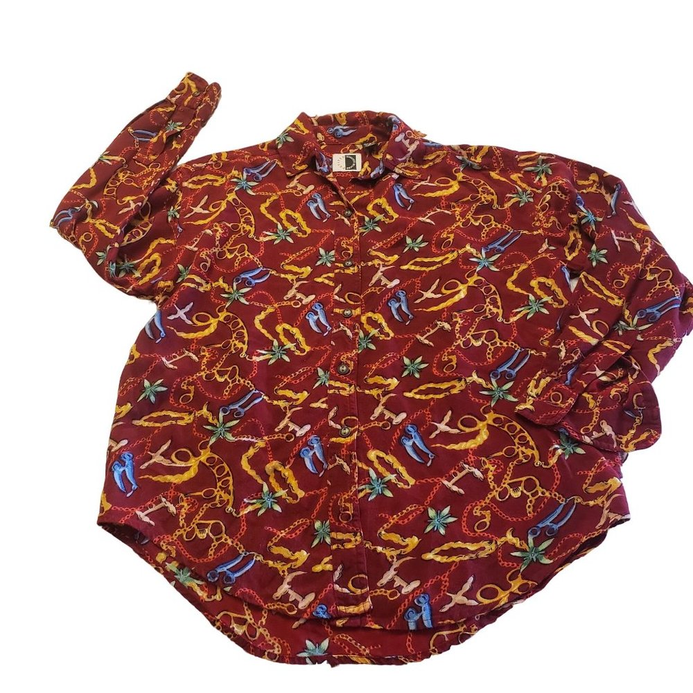 JENNIFER MOORE PETITES SIZE SMALL‎ LONG SLEEVE BUTTON DOWN JEWELS PRINT RED